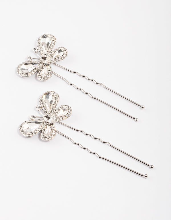 Silver Diamante Butterfly Hair Pins Pack