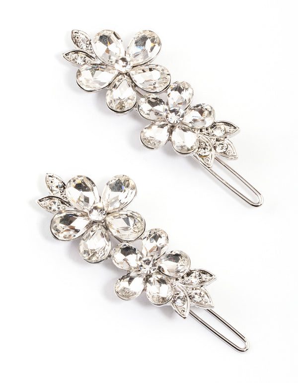 Silver Crystal Flower Hair Clips Pack