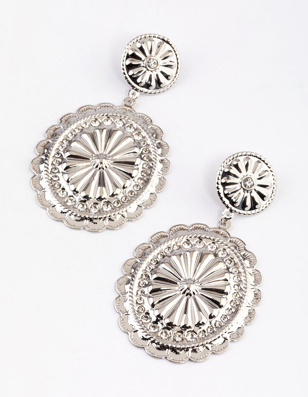 Silver Diamante Western Disc Drop Earrings