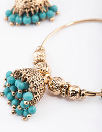 Antique Gold Blue Bead Hoop Jhumka Earrings - link has visual effect only