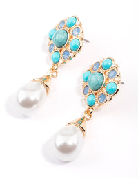 Gold Mixed Stone Pearl Drop Earrings - link has visual effect only