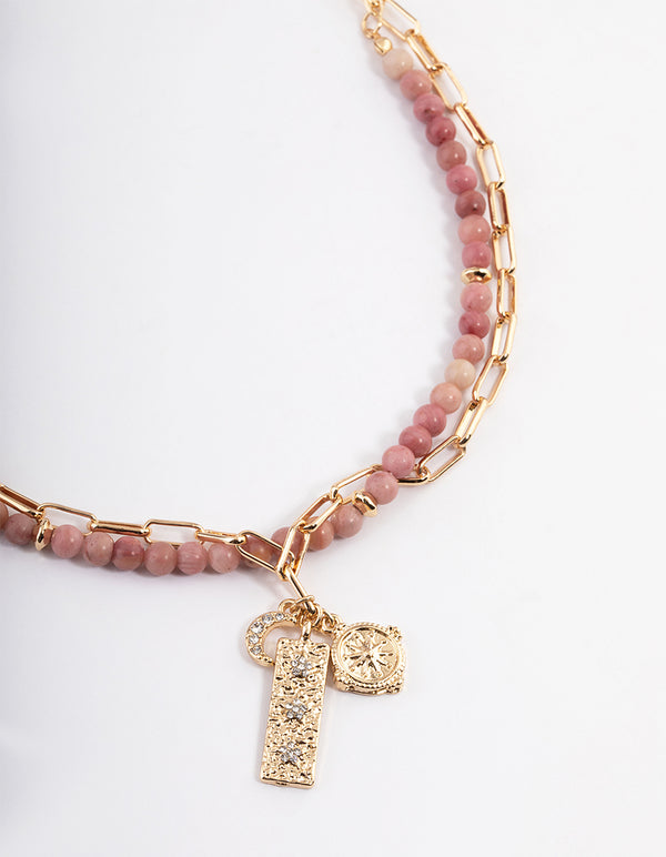 Gold Rhodonite Layered Charm Necklace