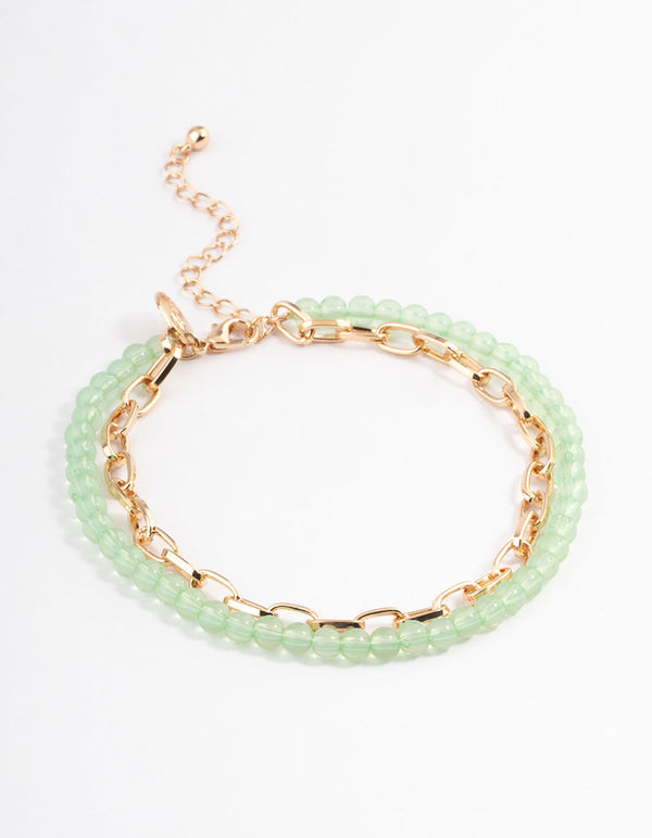 Green Double Row Chain Beaded Anklet