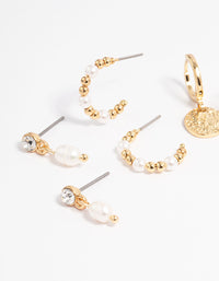 Gold Plated Hammered Diamante & Freshwater Pearl Earring 4-Pack - link has visual effect only