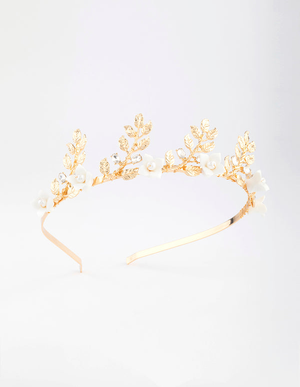 Gold Pearl Flower & Leaf Headband