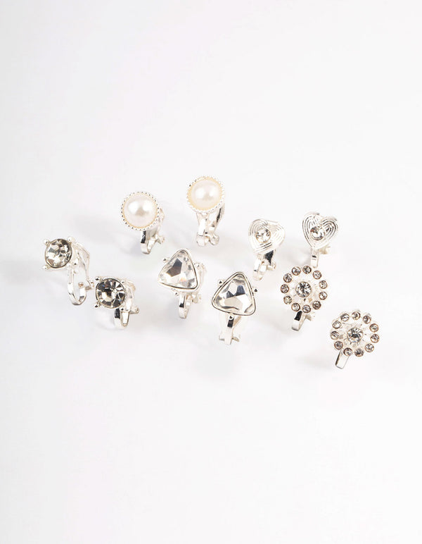 Silver Heart & Flower Clip On Earrings 5-Pack