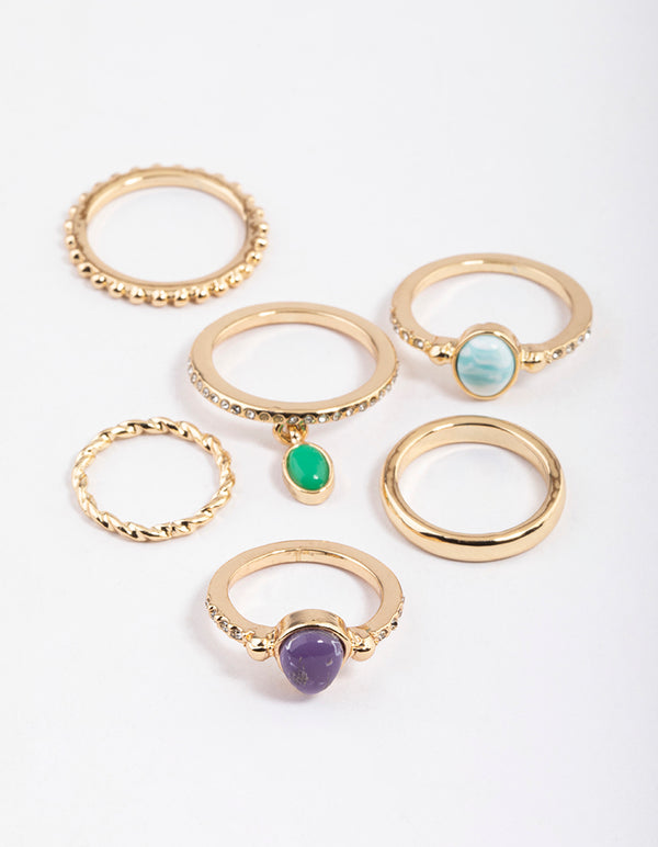 Gold Mixed Stone & Twisted Texture Ring Pack