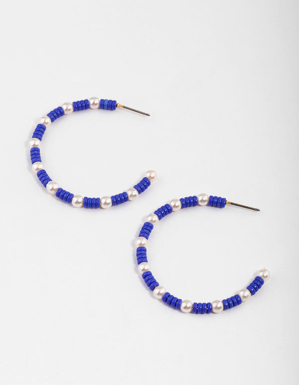 Blue Mixed Bead & Pearl Medium Hoop Earrings