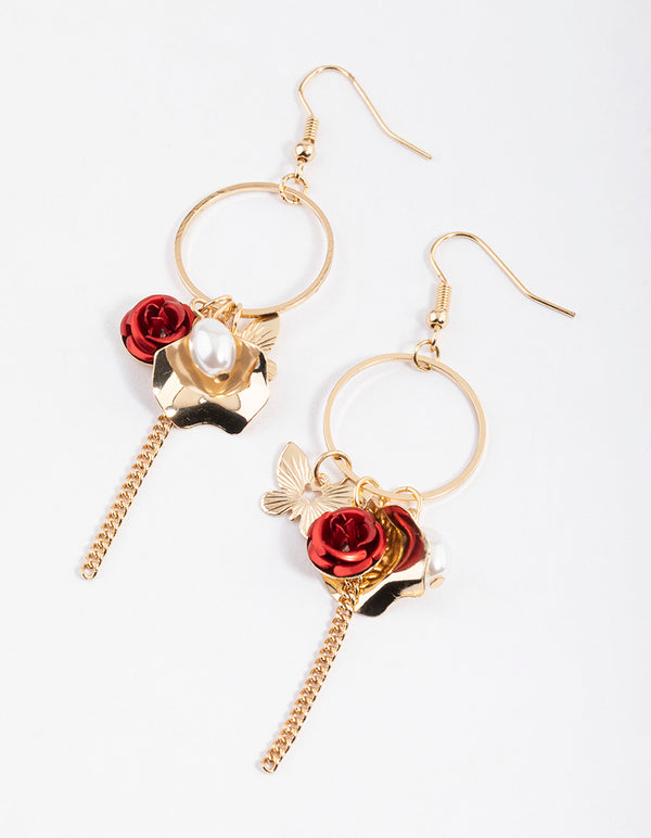 Red Circle Rose Cluster Drop Earrings