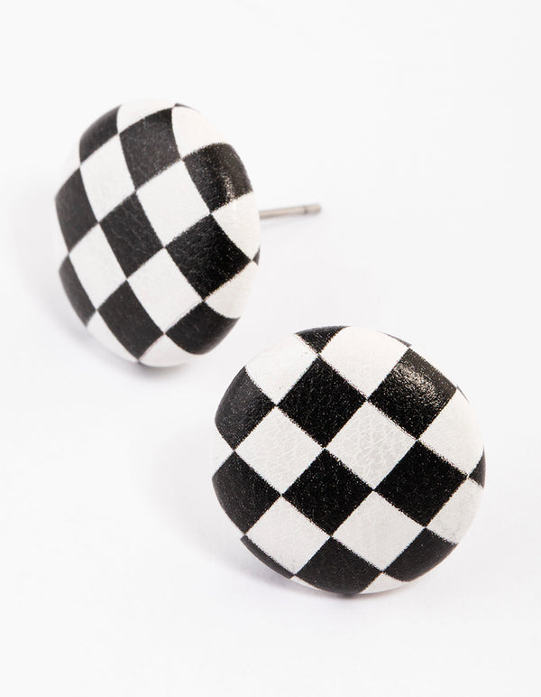 Faux Leather Checkerboard Round Stud Earrings