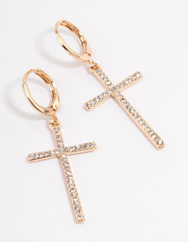 Gold Diamante Cross Huggie Earrings