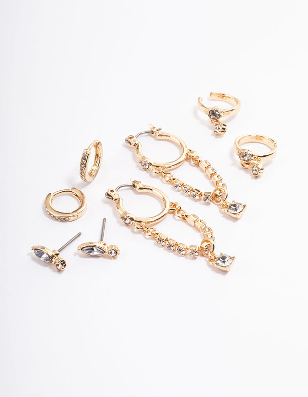 Gold Diamante Chain Drop Hoop Earrings 4-Pack