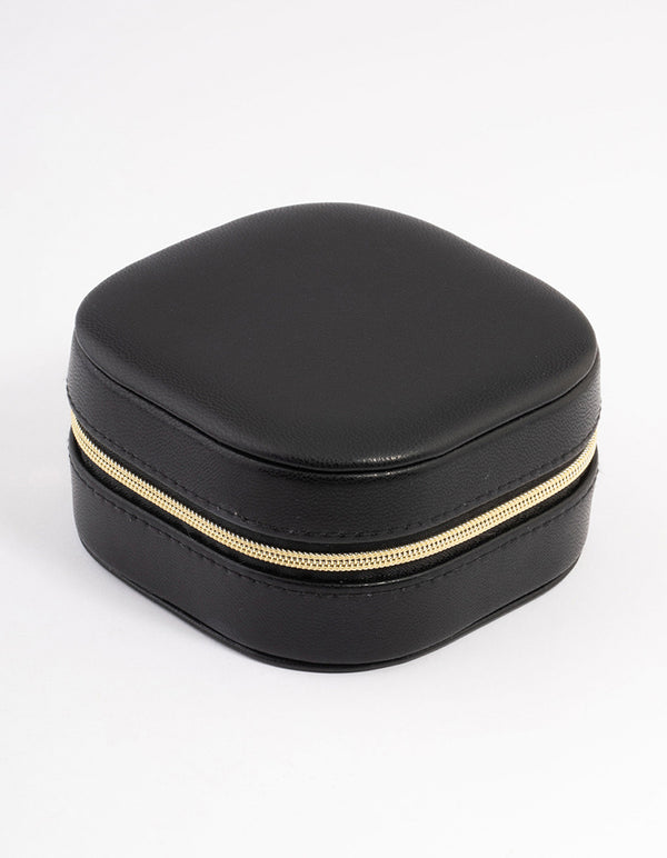 Black Faux Leather Round Mini Square Jewellery Box