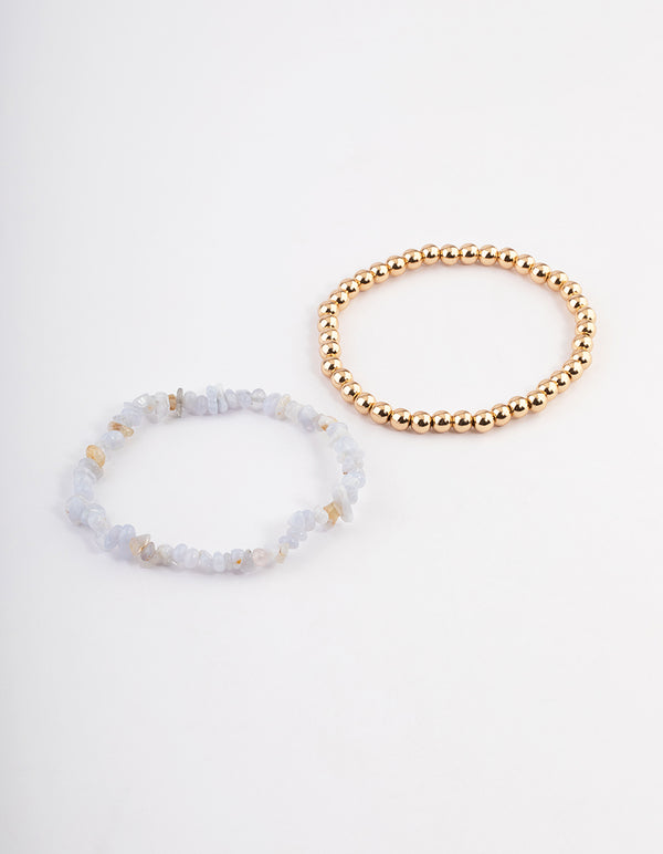 Gold Blue Lace Agate Chip Stretch Bracelet Pack