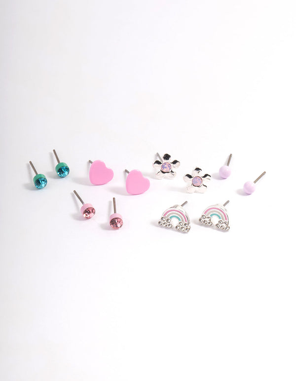 Kids Pink Heart Diamante Stud Earrings 6-Pack