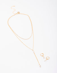 Gold Layered Y-Neck Necklace & Earrings Jewellery Set - link has visual effect only