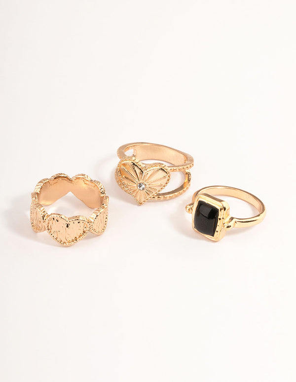 Gold Jet Black Etched Heart Ring Set