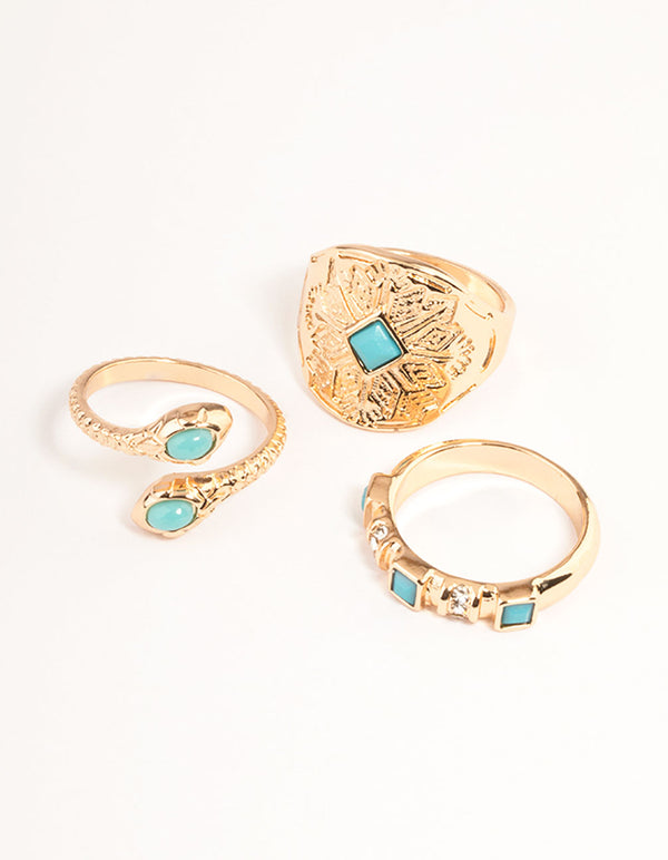 Gold Turquoise Snake Ring Set