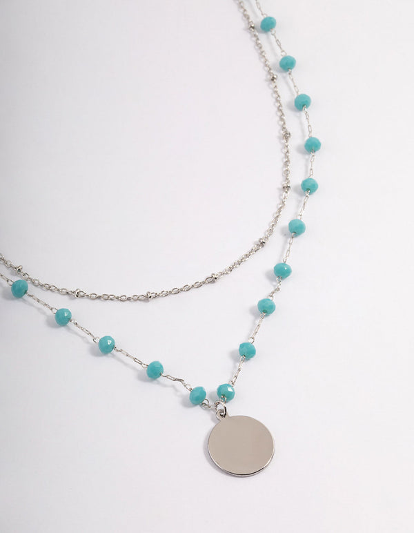 Silver Double Row Facet Bead Circle Disc Necklace