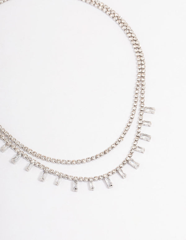 Silver Double Row Dainty Rectangle Diamante Necklace