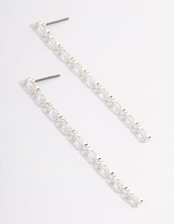 Silver Cubic Zirconia Rectangle Straight Drop Earrings