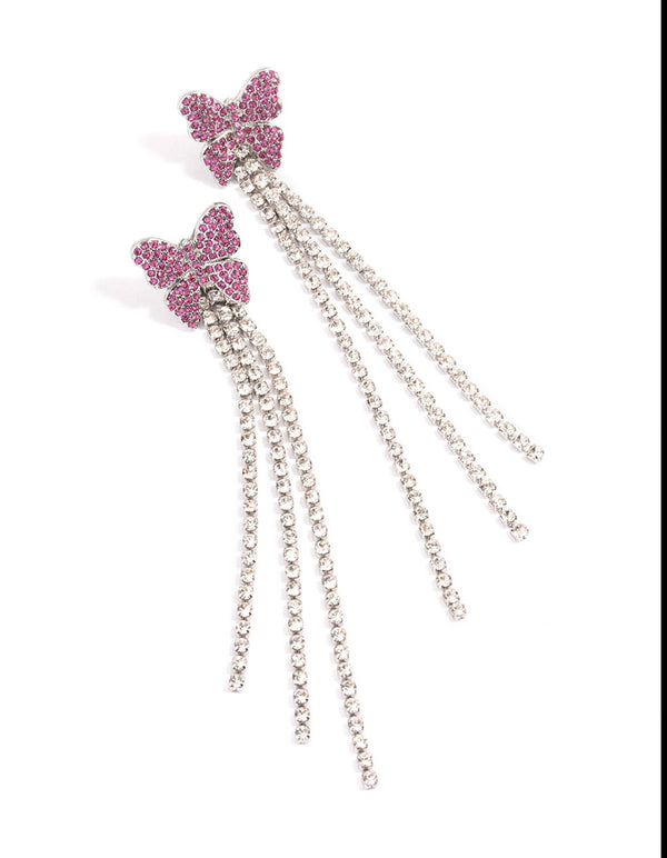 Rhodium Pink Butterfly Curb Chain Earrings