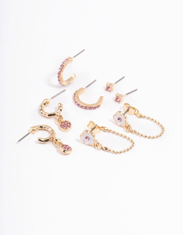 Pink Flower Chain Stacker Earrings