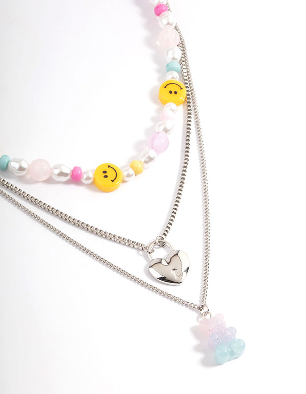 Rhodium Layered Smiley Gummy Necklace