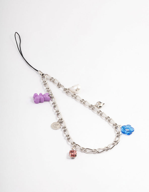 Rhodium Multi Charm Phone Strap