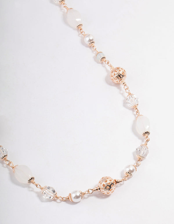 Rose Gold Mixed Facet & Filigree Beaded Long Necklace