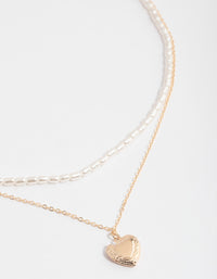 Gold Double Row Pearl Chain & Heart Locket Necklace - link has visual effect only