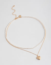 Gold Double Row Pearl Chain & Heart Locket Necklace - link has visual effect only