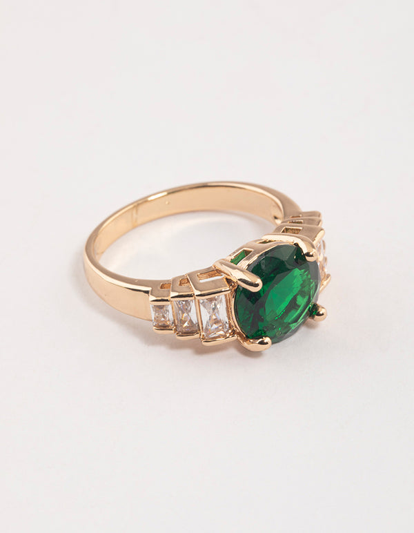 Gold & Emerald Green Round Baguette Ring