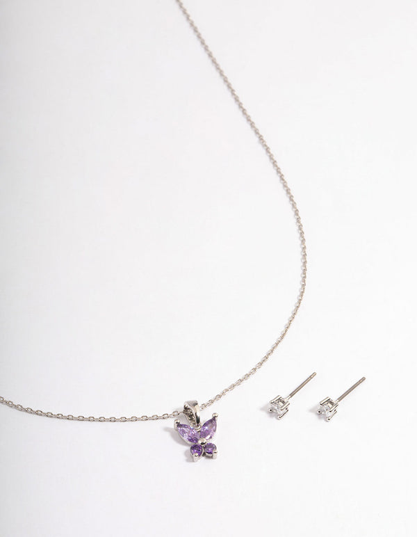 Rhodium Amethyst Butterfly Jewellery Set