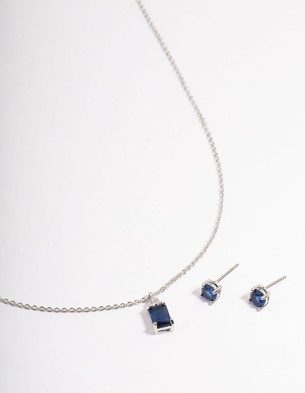 Silver Cubic Zirconia Sapphire Emerald Cut Out Jewellery Set