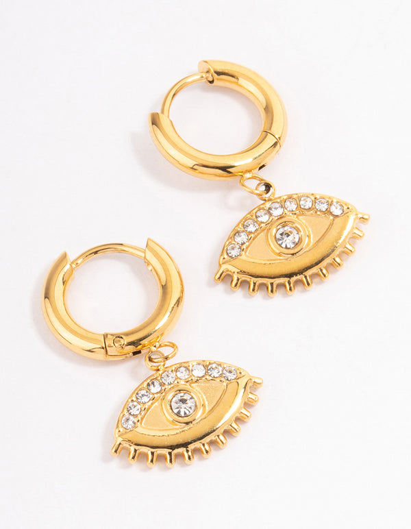 Gold Plated Stainless Steel Diamante Evil Eye Drop Huggie Hoops