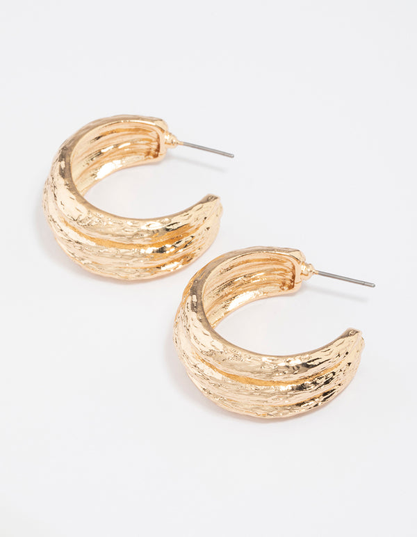 Gold Triple Row Textured Hoop Earrings