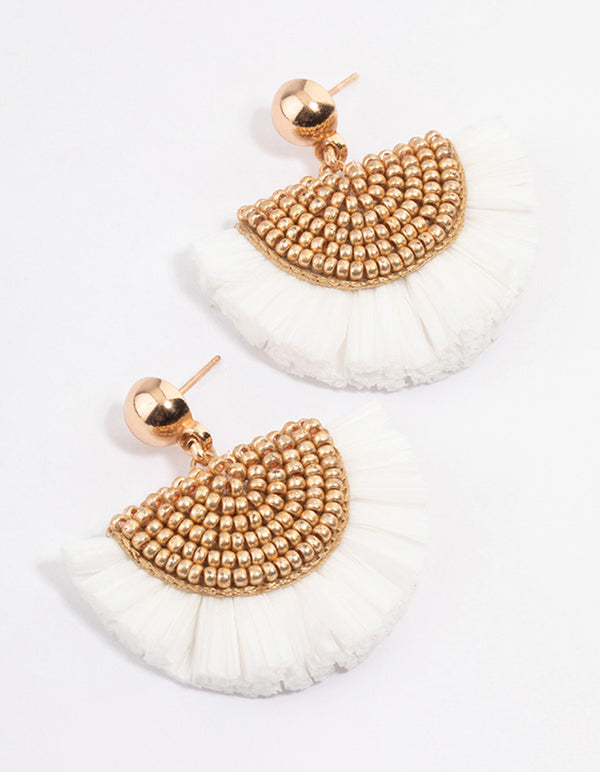 Gold Raffia Beadeed Fan Earrings