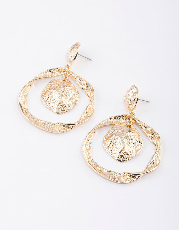 Gold Molten Double Circle Drop Earrings