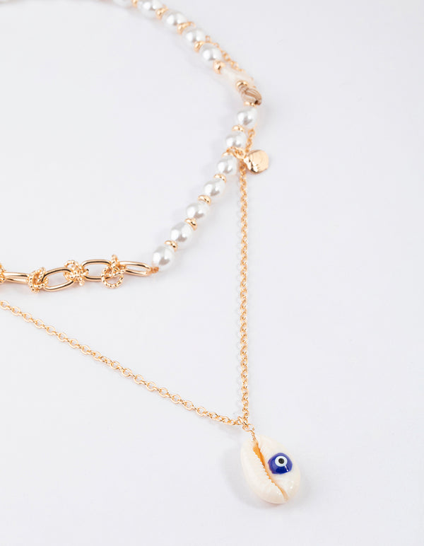 Gold Pearl Chain Shell Necklace