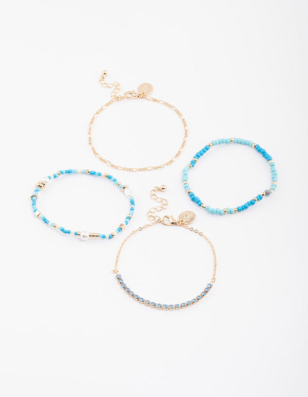 Gold Mixed Bead & Pearl Chain Bracelet 4-Pack