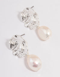 Silver Plated Crater Freshwater Pearl Drop Earrings - link has visual effect only