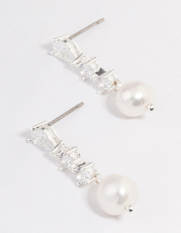 Silver Plated Cubic Zirconia Pearl Small Drop Earrings