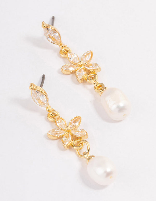 Gold Plated Cubic Zirconia Flower Freshwater Pearl Earrings