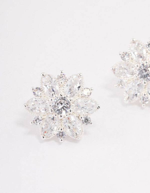 Silver Plated Cubic Zirconia Flower Stud Earrings