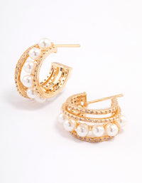 Gold Plated Cubic Zirconia Pearl Layered Small Earrings - link has visual effect only