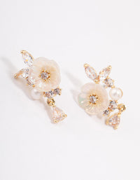 Gold Plated Cubic Zirconia Floral Detailed Pearl Earrings - link has visual effect only