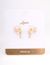 Gold Plated Cubic Zirconia Floral Detailed Pearl Earrings - link has visual effect only