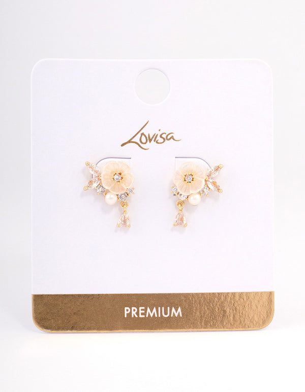 Gold Plated Cubic Zirconia Floral Detailed Pearl Earrings