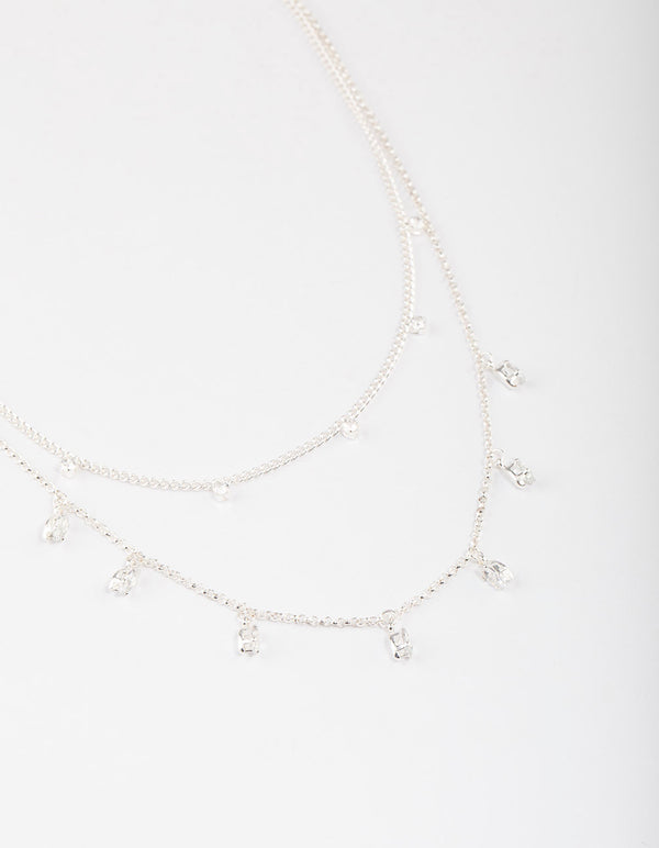 Silver Plated Dainty Cubic Zirconia Drop Layered Necklace